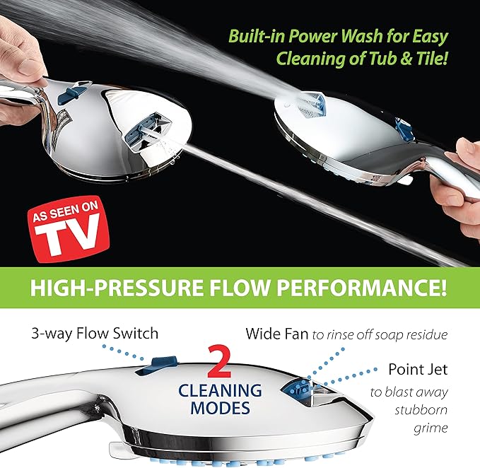 AquaCare 8-mode High Pressure Handheld Shower Head with 2-mode Power Wash | Stay Clean Nozzles, Dual Power Wash for Tub, Tile & Pets, Long 6 ft. Stainless Steel Hose, Wall & Overhead Brackets / Chrome