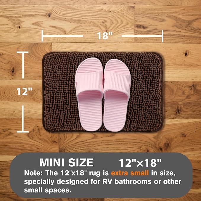 Small Bathroom Rug 12"x18" – Washable and Absorbent Bath Mat, Non Slip, Thick Soft Chenille Bath Rugs for Bathroom, Shower, Sink, Dog mat(Brown)