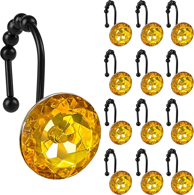Sunlit Luxury Design Round Yellow Diamond Crystal Gem Bling with Glide Balls Shower Curtain Hooks, Rust Proof Metal Rhinestones Glam Shower Curtain Rings with Black Hooks, Set of 12