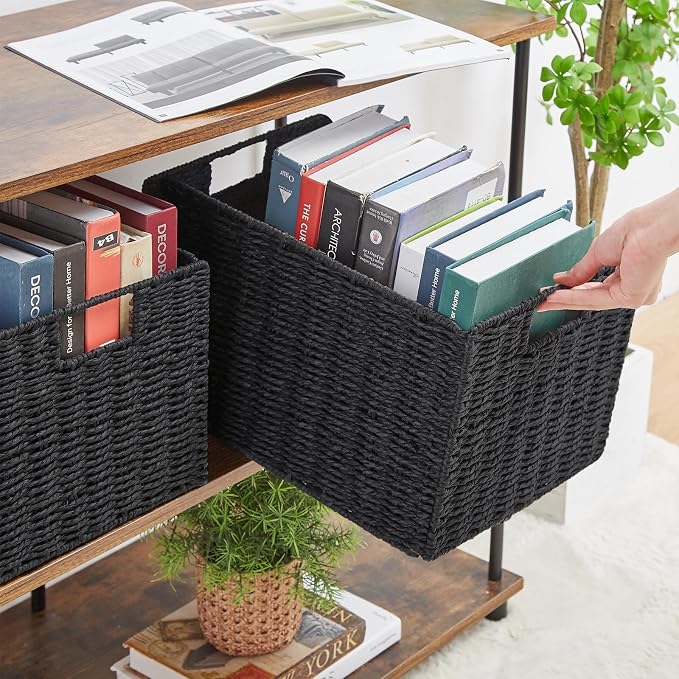 Wicker Storage Basket, Set of 2 Hand-Woven Paper Rope Wicker Basket, Small Storage Baskets for Organizing Toilet Paper Basket, Foldable Large Cube Storage Organizer Bins for Shelves (Black)