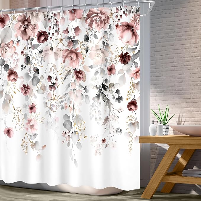 Floral Grey Pink Leaves Girls Watercolor Bathroom Shower Curtain Set | 72"W x 72"L Flower Blossom style, clear shower print, fast-dry fabric and hooks for a simple bath update.