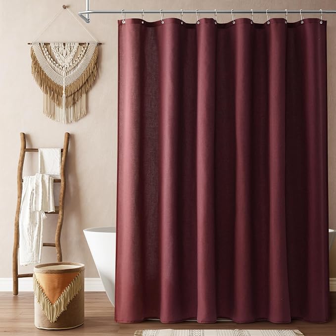 Burgundy Linen Shower Curtain, Country Boho Farmhouse Bath Decor Shower Curtains Neutral Cloth Weighted Textured Fabric Bath Curtain Liner with Hooks, 72x78