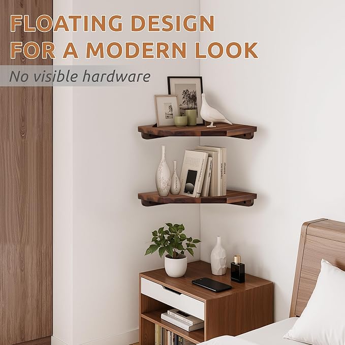 Demigo Hexagon Corner Floating Shelves, 2-Pack Acacia Wood Wall Shelf | Upgraded Wall Mounted Storage with Hidden Brackets, Modern Space-Saving Shelves for Bedroom Living Room Office Kitchen