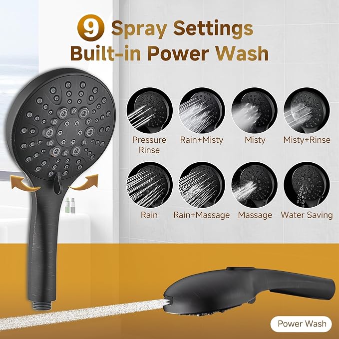 BRIGHT SHOWERS Rain Shower Heads System - 9 Inch Rainfall Shower Head and Handheld Shower Head with Height Adjustable Holder, Solid Brass Rail and 60" Long Stainless Steel Hose, Oil-Rubbed Bronze