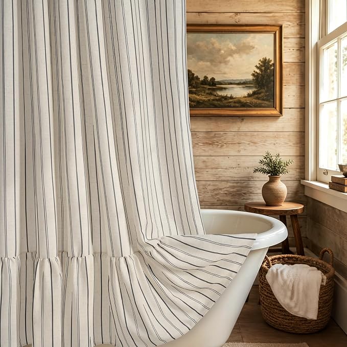 Yinhua Farmhouse Linen Shower Curtain with Ruffle, Black Striped Waterproof Shower Curtains for Bathroom, Country Vintage Bath Curtain with 12 Metal Hooks, Weighted Washable Fabric, 72" W x 84" L