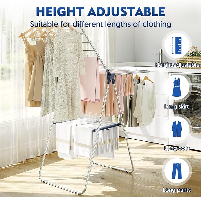 Large Stainless Steel Clothes Drying Rack | Drying Rack Clothing with Height-Adjustable, Foldable Gullwings Laundry Drying Rack, Indoor Outdoor Use, No Assembly, Blue