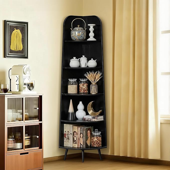 VECELO Large Tall Corner Shelf, 66.93" H 5-Tier Corner Storage Organizer, Freestanding Corner Display Rack for Living Room Bedroom Home Office, Black