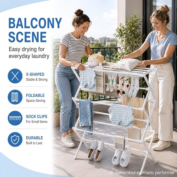 Homde Foldable Drying Rack for Apartments: 11 Poles with 18 Sock Slots | Dries Clothes Socks and Towels-Portable Drying Stand for Laundry and Balcony-Expandable Space Saving Garment Dryer