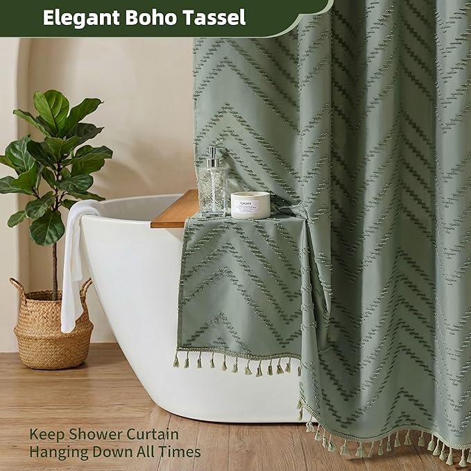 Siiluminisoy Sage Green Shower Curtain for Bathroom Boho Shower Curtain | Cloth Textured Tufted Chevron Elegant Shower Curtains Waterproof for Bathroom 72" x 72"