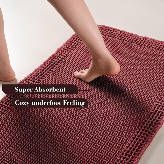 RESARE Waffle Bath Mat for Bathroom Non Slip Bathroom Rugs 17"x24" Dark Red | Absorbent Boho Bathroom Floor Mats Machine Washable Quick Dry, Soft Solid Bath Rugs with Tassels, Ideal Farmhouse Home Decor
