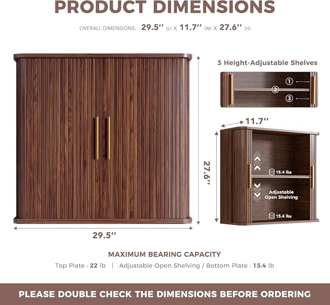 FIMELLO 29.5" W Bathroom Wall Cabinet, Laundry Room Cabinets Wall Mounted with Sliding Tambour Door, Kitchen Wall Cabinet, Floating Cabinet for Wall, Upper Cabinets, Brown Walnut