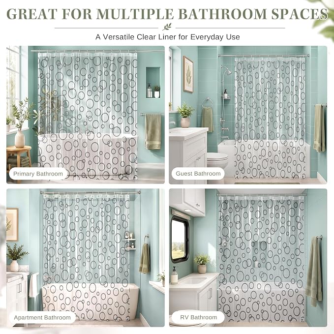 Clear Shower Curtain Liner, Geometric Abstract PEVA, 72x72 Inch | Circle Modern Waterproof Bath Plastic Shower Curtains Set with 3 Weighted Magnets and 12 Hooks for Bathroom Decor