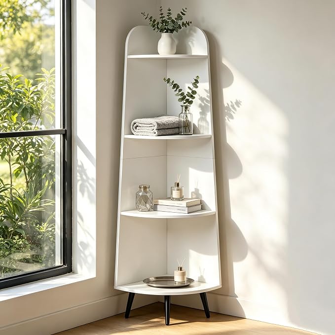 VECELO Large Tall Corner Shelf, 66.93" H 4-Tier Corner Storage Organizer, Freestanding Corner Display Rack for Living Room Bedroom Home Office, White