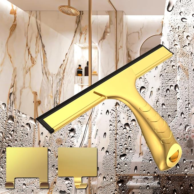 All-Purpose Shower Squeegee for Shower Glass Doors with 2 Adhesive Hook, Stainless Steel Squeegee for Bathroom, Household Window, Mirrors, Tiles and Car Windows 10 Inches, Clear, Golden