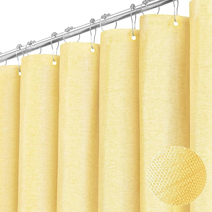 Yellow Linen Textured Waterproof Thick Fabric Shower Curtain, 72x72 | 230GSM Polyester, Heavy Duty Cloth, Weighted Hem, 12 Plastic Hooks, Modern Hotel Style, Machine Washable, Bathroom Decor