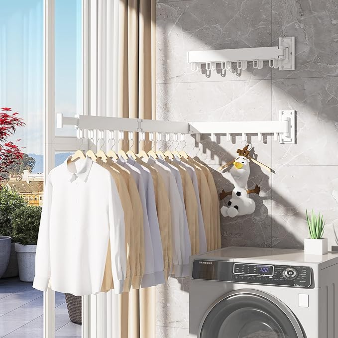 HEILAIYI Clothes Drying Rack,Laundry Drying Rack,Wall Mounted Clothes Rack,Laundry Rack Wall Mount,Folding Retractable Collapsible Drying Rack Clothing (Three-Poles,Loop Hooks,White)