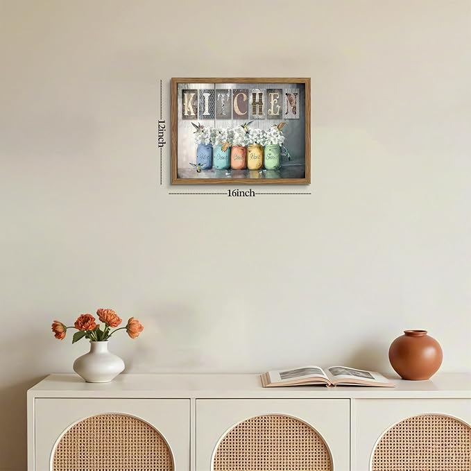 Framed Vintage Kitchen Canvas Wall Art, Retro Letter Signs with Colorful Jars, Florals and Birds Prints, Rustic Farmhouse Wood Grain Poster, Cottagecore Wall Decor for Kitchen Dining Room, 12x16in