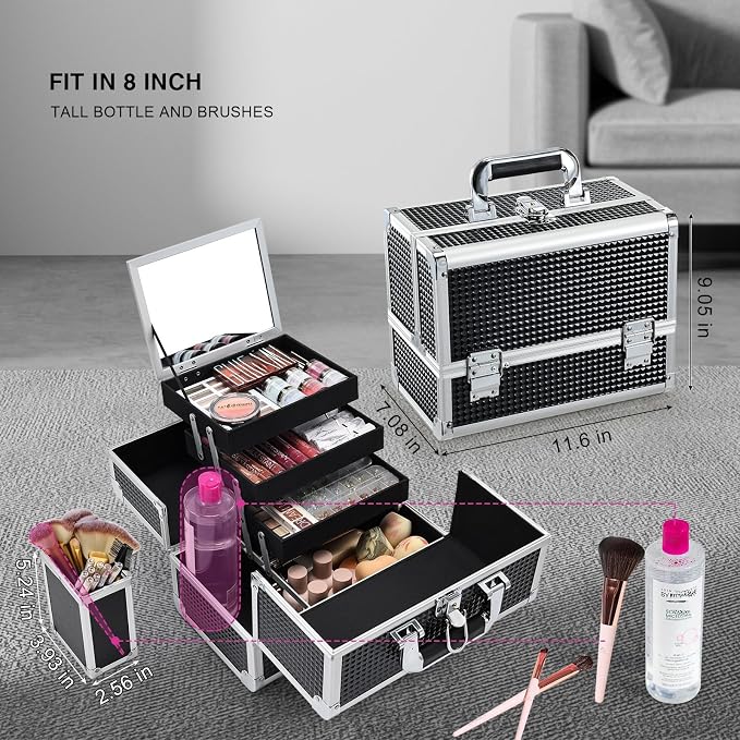 Joligrace 3-Tray Makeup Case with Mirror & Brush Holder, 11.6" Shine Black | Travel-ready makeup train case with lots of storage capacity. Home makeup box organizer holds cosmetics neatly and clean.