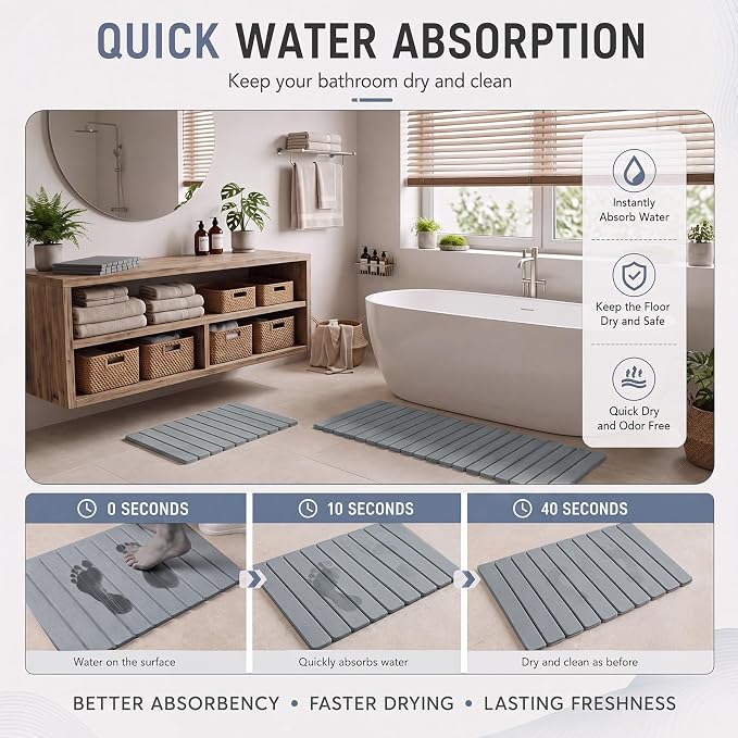 2 Pack Extra Large Foldable Stone Bath Mats Set, 47"x15.4" and 23.6"x15.4" Diatomaceous Earth Bath Mat with Non Slip Rubber Base Quick Dry Bathroom Shower Mat Light Grey for Bathroom