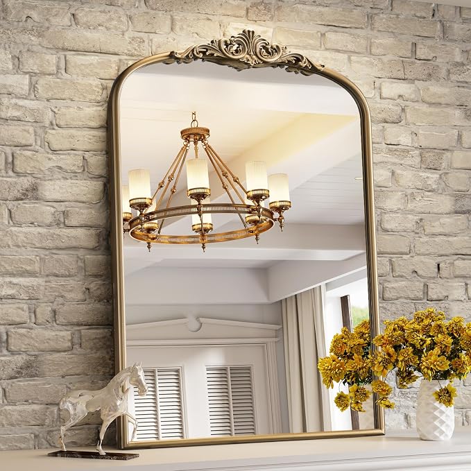 Vintage Baroque Arched Wall Mirror, 30"x40" Antique Gold Mirror | Bathroom Wall Mirrors, Large Ornate Arch Bronze Mirror for Over Sink, Fireplace, Entryway, Living Room, Hanging or Leaning