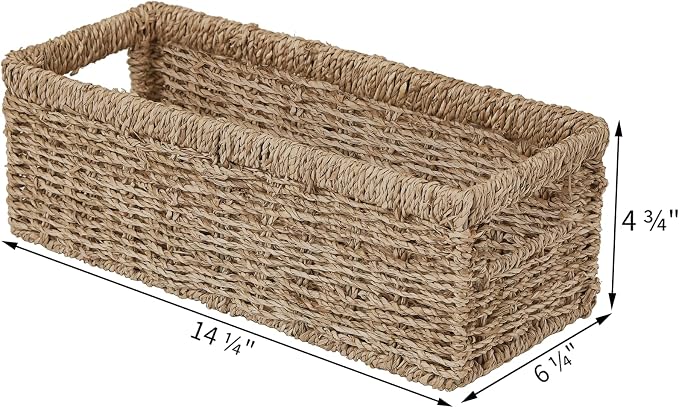 Wicker Storage Basket, Hand-Woven Seagrass Wicker Baskets with Handles, Toilet Paper Basket for Toilet Tank Top, Small Wicke Baskets for Organizing Shelves, 2-Pack, Seagrass