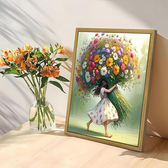 Wood Framed Pink Wildflower Canvas Wall Art, Girl Hugging Flowers Poster Prints Paintings, Teen Girls Preppy Bedroom Decor, Green Room laesthetic Picture for Kids Room Hallway Living Room 8x10 Inch
