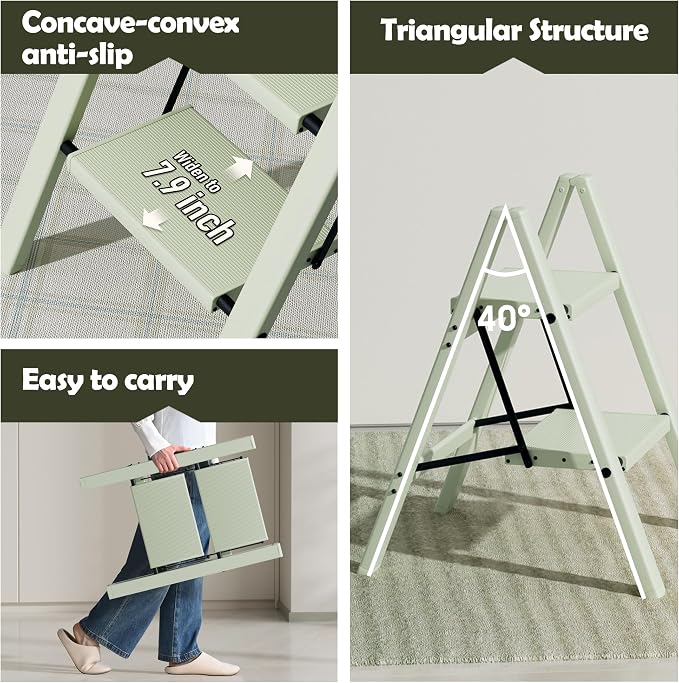Taranta 2 Step Stool Foldable,Aluminum Step Ladder-FairylandGreen | Lightweight,Wide Anti-Slip Pedals,Folding Step Stool,330lbs Capacity for Household,Kitchen,Office