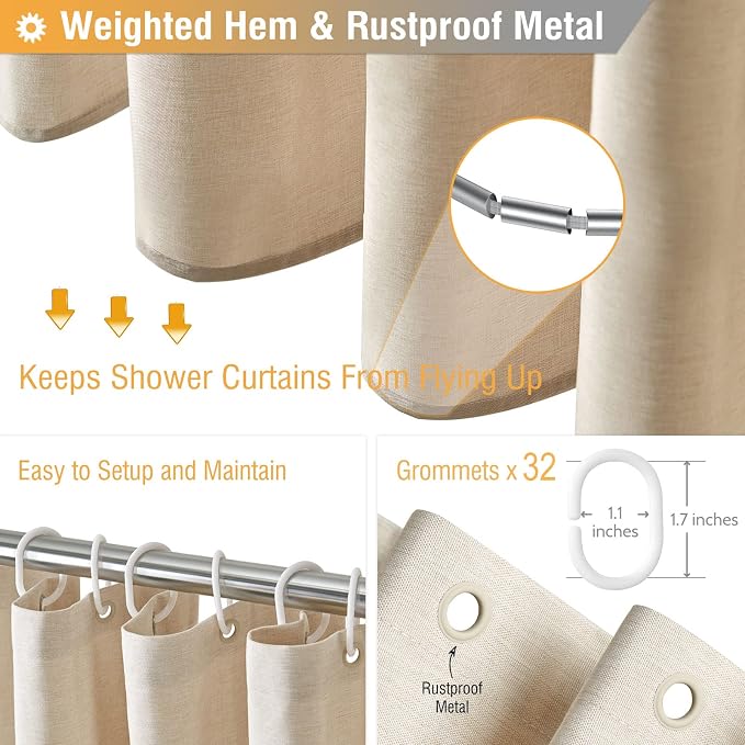 180x72 Linen Textured Waterproof Fabric Shower Curtain, Beige/Cream | Clawfoot Tub Size, 230GSM Polyester, Heavy Duty Cloth, Weighted Hem, 32 Plastic Hooks, Modern Hotel Style, Machine Washable