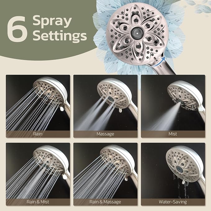 JDO Handheld Shower Head, 6 Spray Settings, Brushed Nickel Finish | High-pressure flow, detachable design, stainless steel hose & bracket, universal bathroom connection