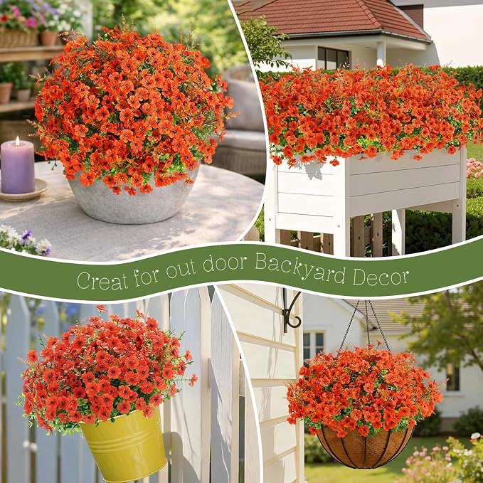SHareconn 48 Bundles Artificial Flowers for Outdoors UV Resistant Decor | Artificial Fall Flowers Silk Violet Lavender, Faux Fall Flowers Outside for Patio, Porch, Garden, Yard and Home, Orange
