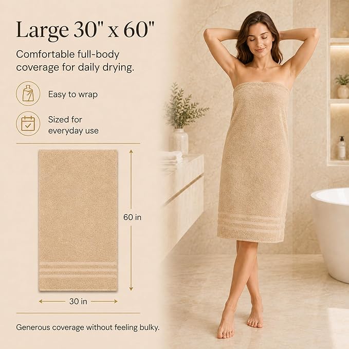 Velqora Bath Towels, 2 Pack, 30x60 in, 100% Cotton, Soft & Absorbent, Beige | Balanced Weight | Everyday Comfort | Easy Care