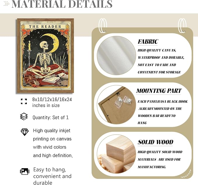 Framed The Reader Tarot Canvas Wall Art, Skeleton Reader Tarot Card Pictures Wall Decor, Bookish Witchy Library Poster Print Artwork for Witchy Reading Nook Book Lover Gift 8x10 inch