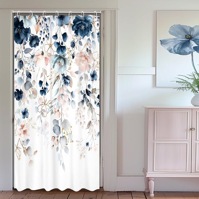 Small Stall Floral RV Blue Pink Bathroom Shower Curtain Set | 36"W x 72"L Flower Watercolor look, waterproof HD printed shower curtain, quick-dry fabric and free hooks.