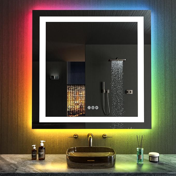 LOAAO 38"X38" LED Bathroom Mirror with Lights, Anti-Fog, Dimmable, RGB Backlit + Front Lighted, Bathroom Vanity Mirror for Wall, Memory Function, Waterproof, Tempered Glass | Anti-Fog, Dimmable, RGB Backlit + Front Lighted, Memory Function, Tempered Gl...