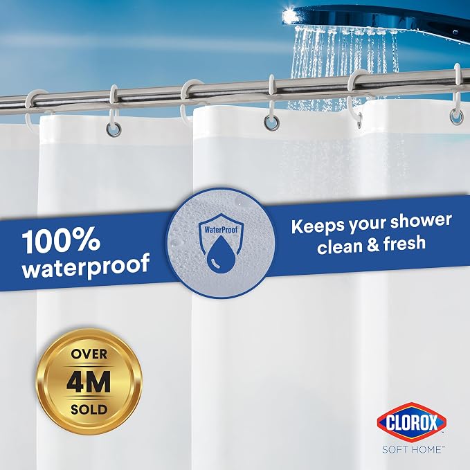 Clorox Shower Curtain Liner & Hooks, Premium Lightweight Flexible Waterproof 4g PEVA for Bathroom with Weighted Magnets, Standard Size 70" x 72", Frosty 1 Pack