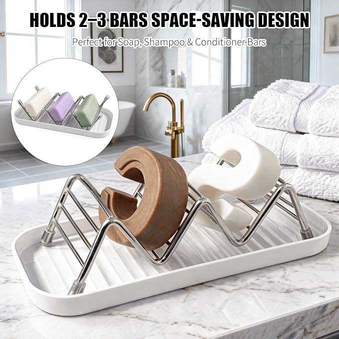 Soap Dish Holder Stainless Steel Self Draining with Tray, Shampoo Bar Holder for Shower, Rustproof Bathroom Soap Dish Organizer for Shampoo Bars, Conditioner Bars, Kitchen Sink Countertop