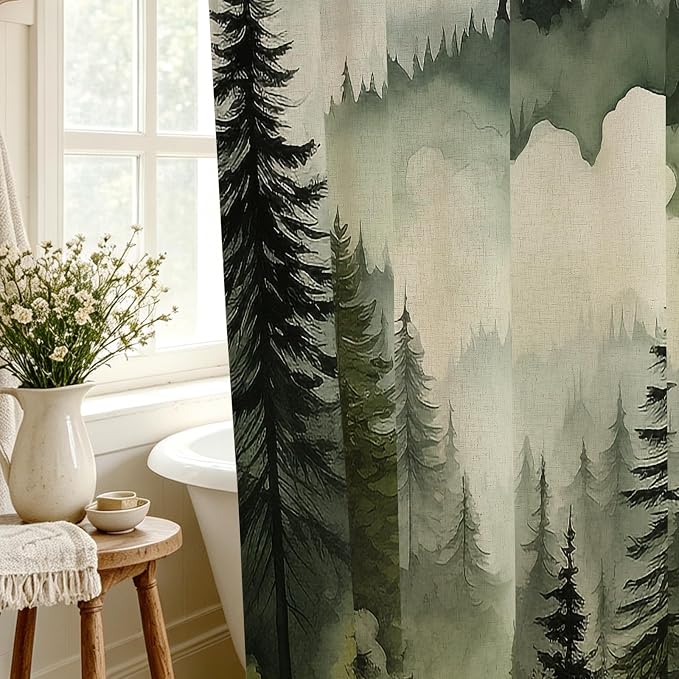 Litabel Dark Green Linen Misty Pine Forest Shower Curtain, Mountain Foggy Woodland Cotton Shower Curtains for Chic Rustic Bathroom, Abstract Modern Waterproof Nature-Themed Decor, 72 x 72