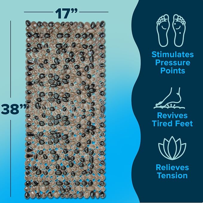SlipX Solutions 38"x17" Pebble Non Slip Mat for Bath & Shower, Bronze | Foot Massaging Accupressure Bathtub Mat, River Rock Look, 188 Suction Cups, Machine Washable