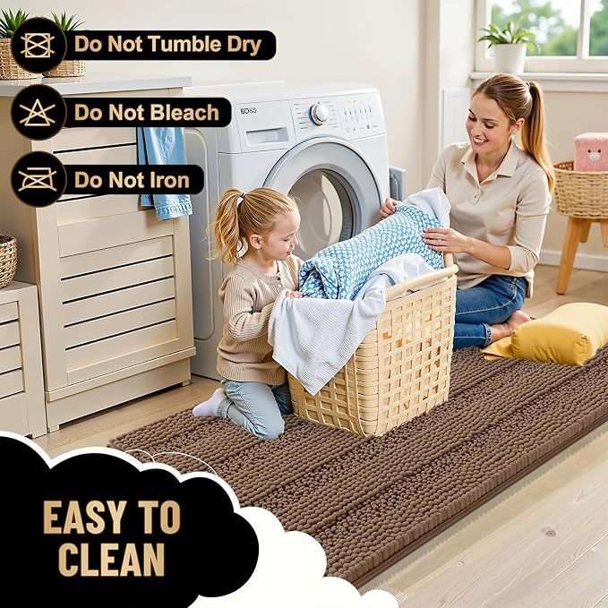 OLANLY Thick Bathroom Rugs 30x20, Soft Chenille Striped Bath Rugs, Mocha | Rubber Backing, Machine Wash, Extra Absorbent Bath Mats for Bathroom Floor, Tub and Shower, Home Decor Accessories