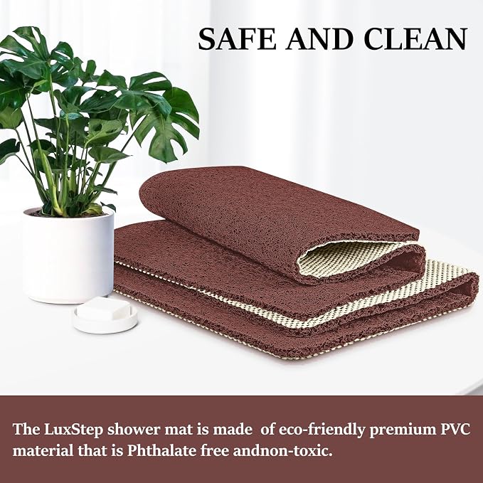 LuxStep Shower Mat Bathtub Mat Non-Slip Bath Mat with Drain, Quick Drying | 24x24 inch PVC Loofah Bathmat for Tub,Shower,Bathroom,Reddish Brown