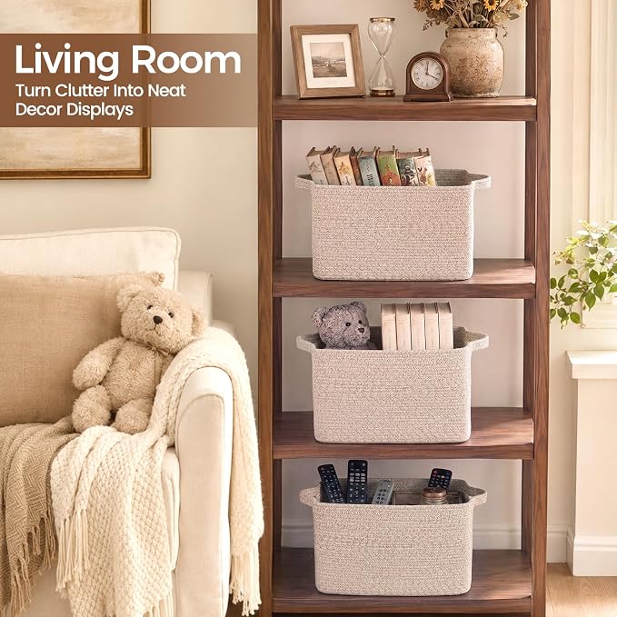 OIAHOMY Woven Storage Basket, Small Baskets for Organizing Brown | 13.5"x11"x9.5" Cotton Rope Storage Baskets with Handles for Books, Clothes & Kids Toy Storage Baskets for Shelves Nursery