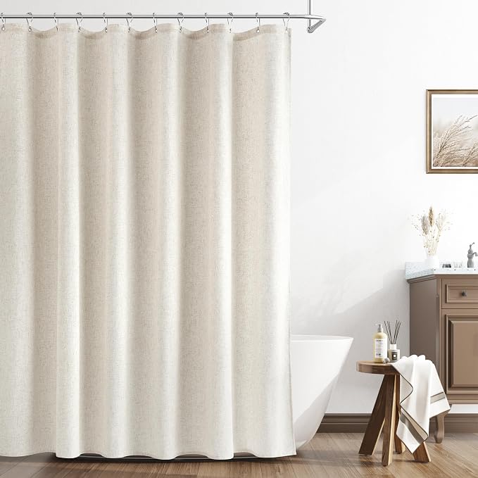 Linen Shower Curtain 76 Inch Long Weighted Thick Fabric Bath Shower Curtain Set with Hooks, XLong Tall Country Farmhouse Beige Curtains for Bathroom, 72x76
