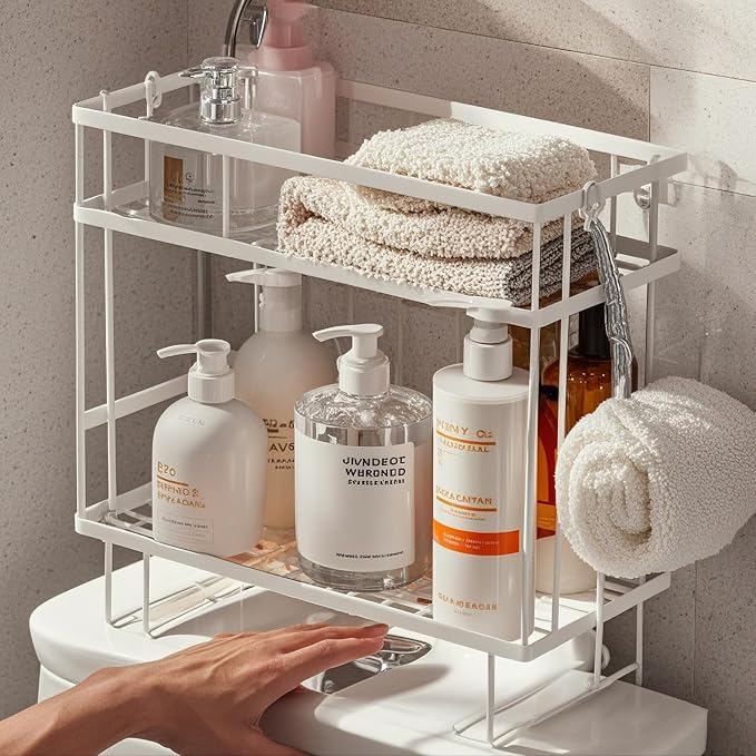 ShellKingdom Over The Toilet Storage Shelf, 2 Tier Toilet Paper Holder Rack | Punch-Free Bathroom Storage Rack with 2 Hooks, Small Space Organizers for Bathroom, Home, White