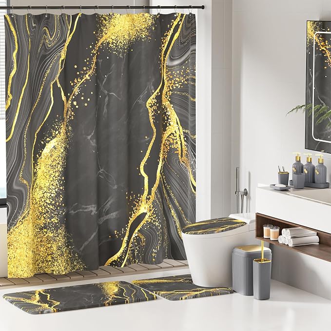 21PCS Bathroom Sets with Shower Curtain and Rugs Bathroom Accessories Set Gray Bathroom Set Complete with Trash Can, Toilet Brush, Qtip Holder & 3PCS Soap Dispenser