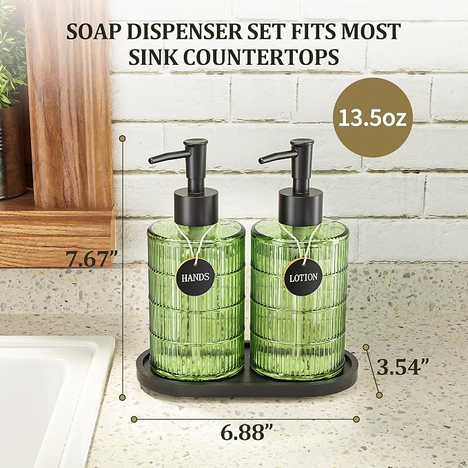 Green Glass Soap and Lotion Dispenser Set with Tray by Brighter Barns - Liquid Hand Soap Dispenser and Pump - Bamboo Bathroom Accessories & Modern Bathroom Decor (Green)
