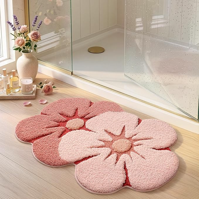 LUMI Flower Bathroom Rug, Absorbent Non Slip Bath Mat, 24"x36", Pink Flower | Funny Soft Plush Microfiber Rug, Quick Dry, Washable Cute Pink Bath Mats for Shower Floor, Sink Bathtub, Bedroom, Kids Room