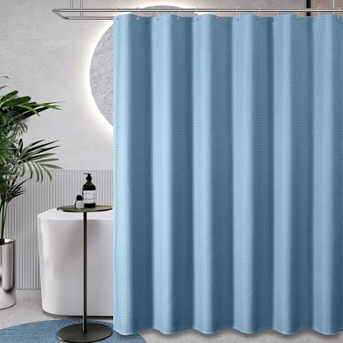 Stall Waffle Shower Curtain 256 GSM Heavy 60"x84" Moonlight Blue | 60 x 84 Inch Long, Thick Polyester Cloth, Weighted Hem, Water Repellent, Washable, Hotel Bathroom Shower Curtain Set 10 Hook
