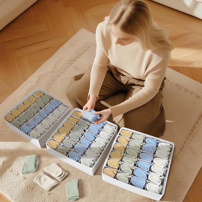 joyoldelf Sock Drawer Organizer Divider Underwear Organizer 24-cell Fabric Dresser Drawer Organizers Storage Boxes for Socks Lingerie, Handkerchiefs, Ties 4 Pack (White)