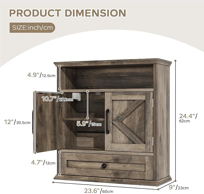 Bathroom Wall Cabinet, Wall Mounted Medicine Cabinet 24.4"H x 23.6"W x 9"D | With Drawer, Barn Doors & Adjustable Shelf, Grey Over Toilet Farmhouse Storage Cabinet for Kitchen, Laundry Room, Entryway