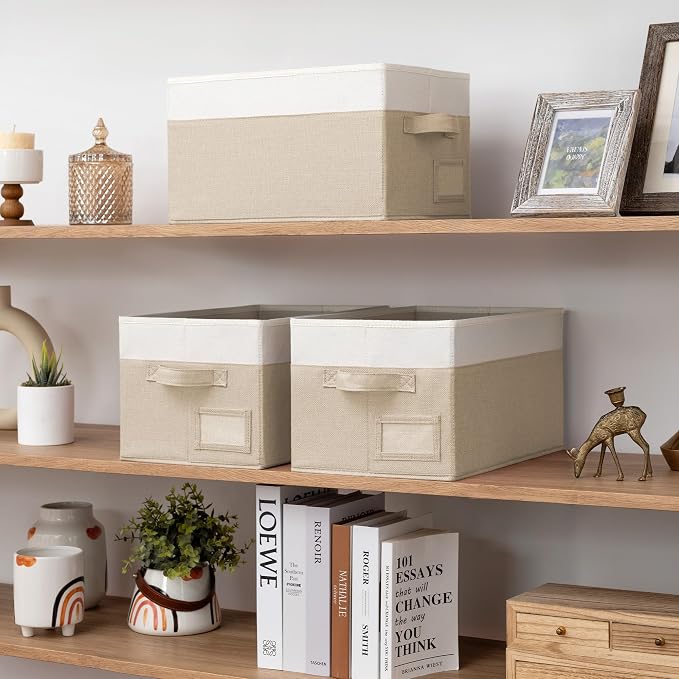 GRANNY SAYS Closet Storage Bins with Label, Khaki&Ivory, Medium, 3-Pack | Closet Storage Bins, Storage Baskets for Closet, Fabric Bins for Clothes, Closet Organizer Bins, Clothes Storage Organizer